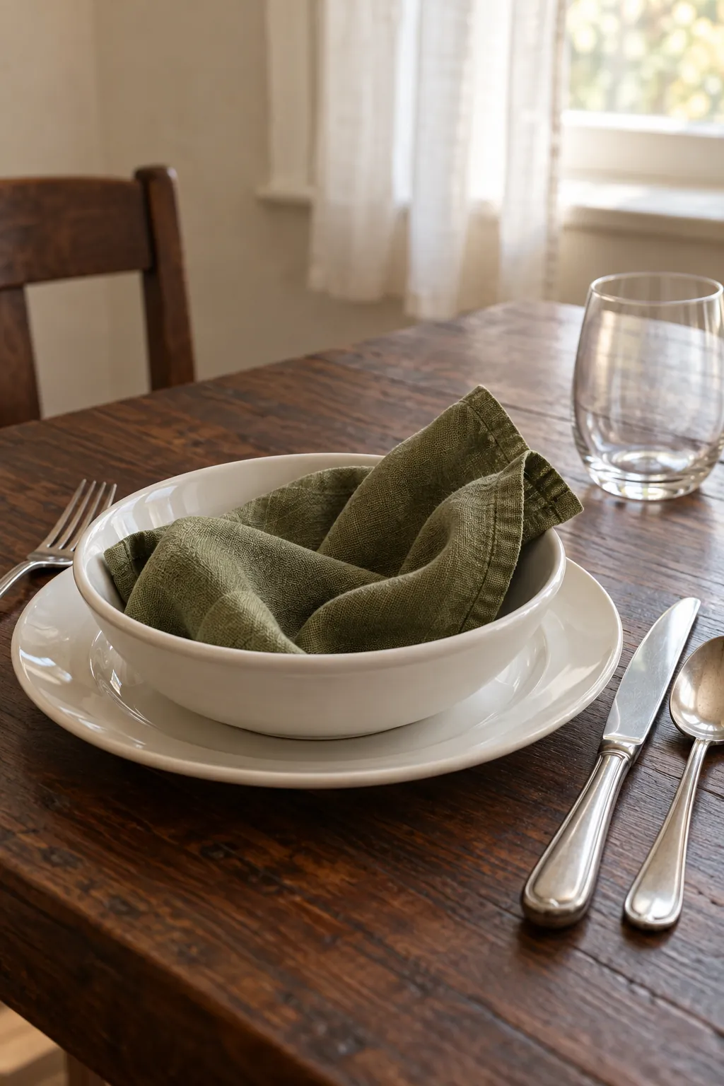 Olive linen inside a white soup bowl with everyday white dishes