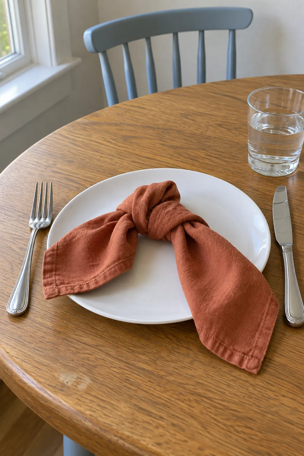A loose terracotta napkin knot with everyday white dishes