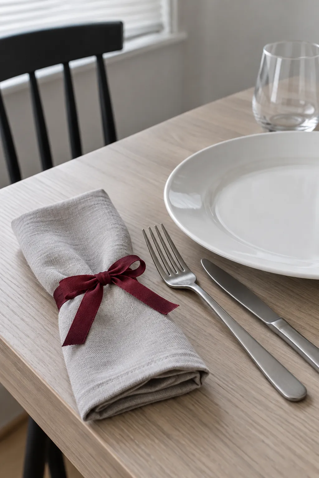 A burgundy ribbon around the napkin with everyday white dishes