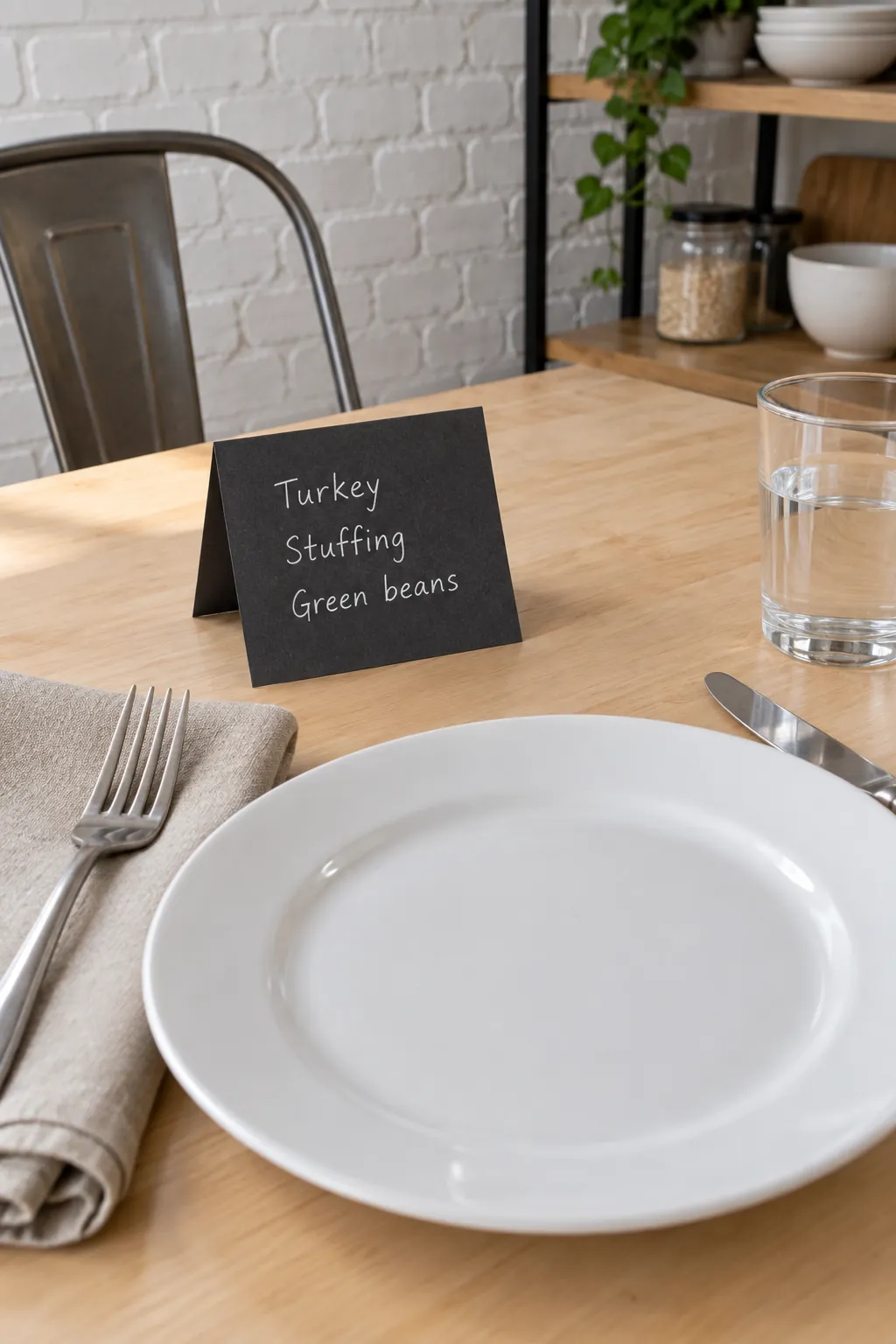 A dark menu card beside the fork with everyday white dishes