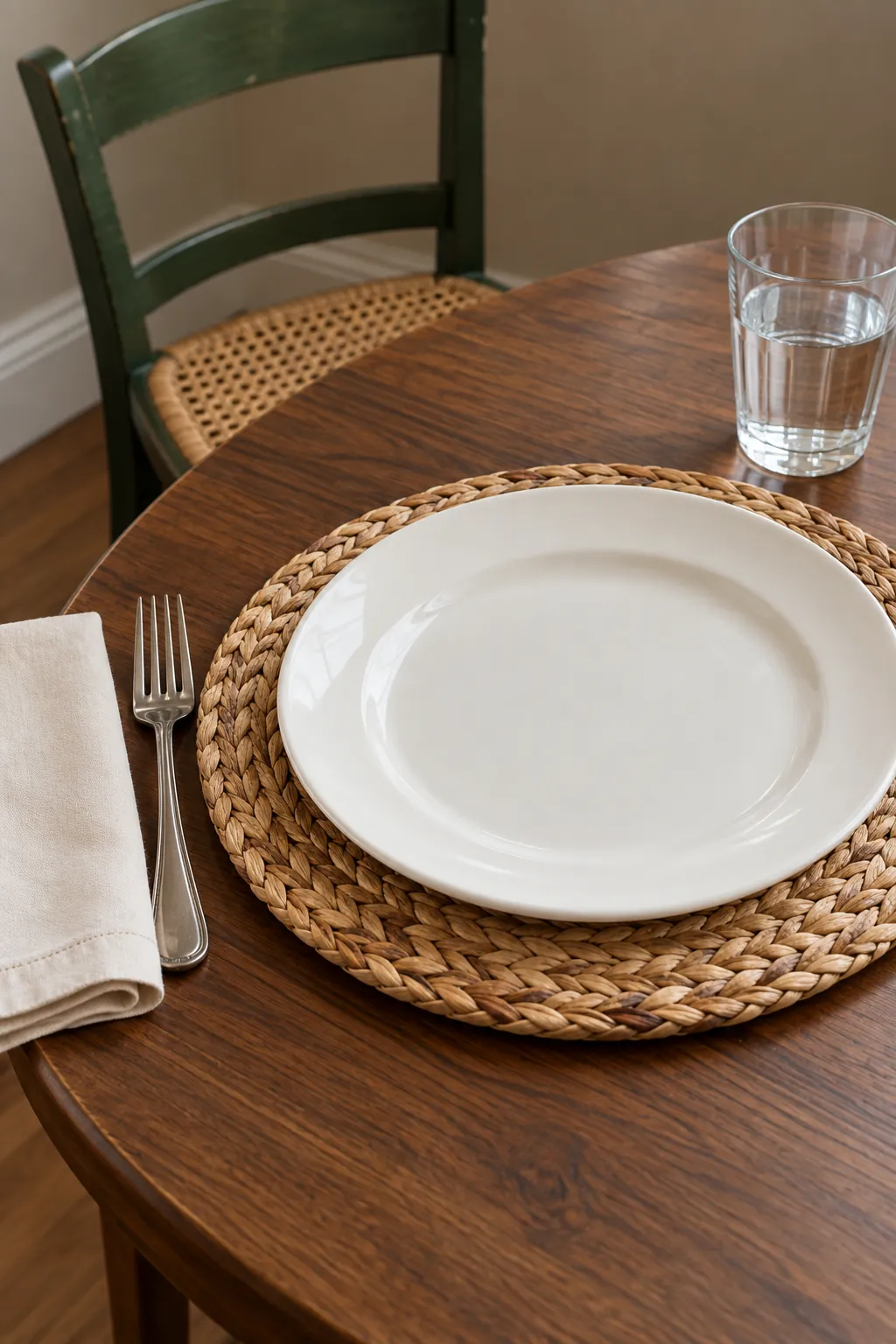 Woven chargers with plain cotton with everyday white dishes