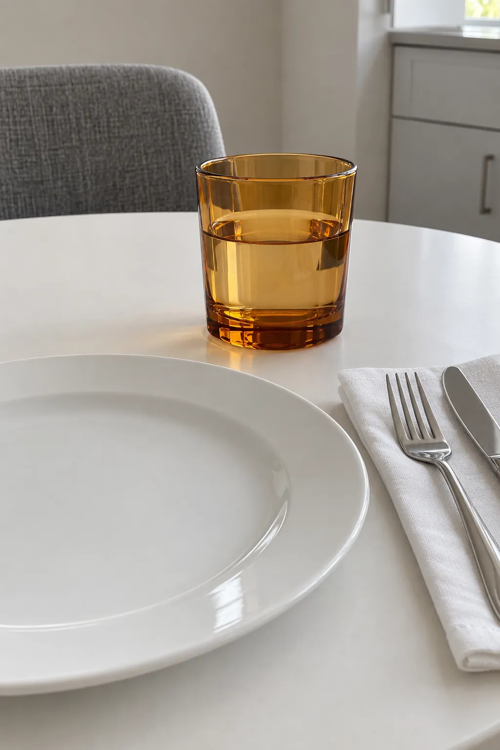 Amber glasses beside white dinnerware with everyday white dishes