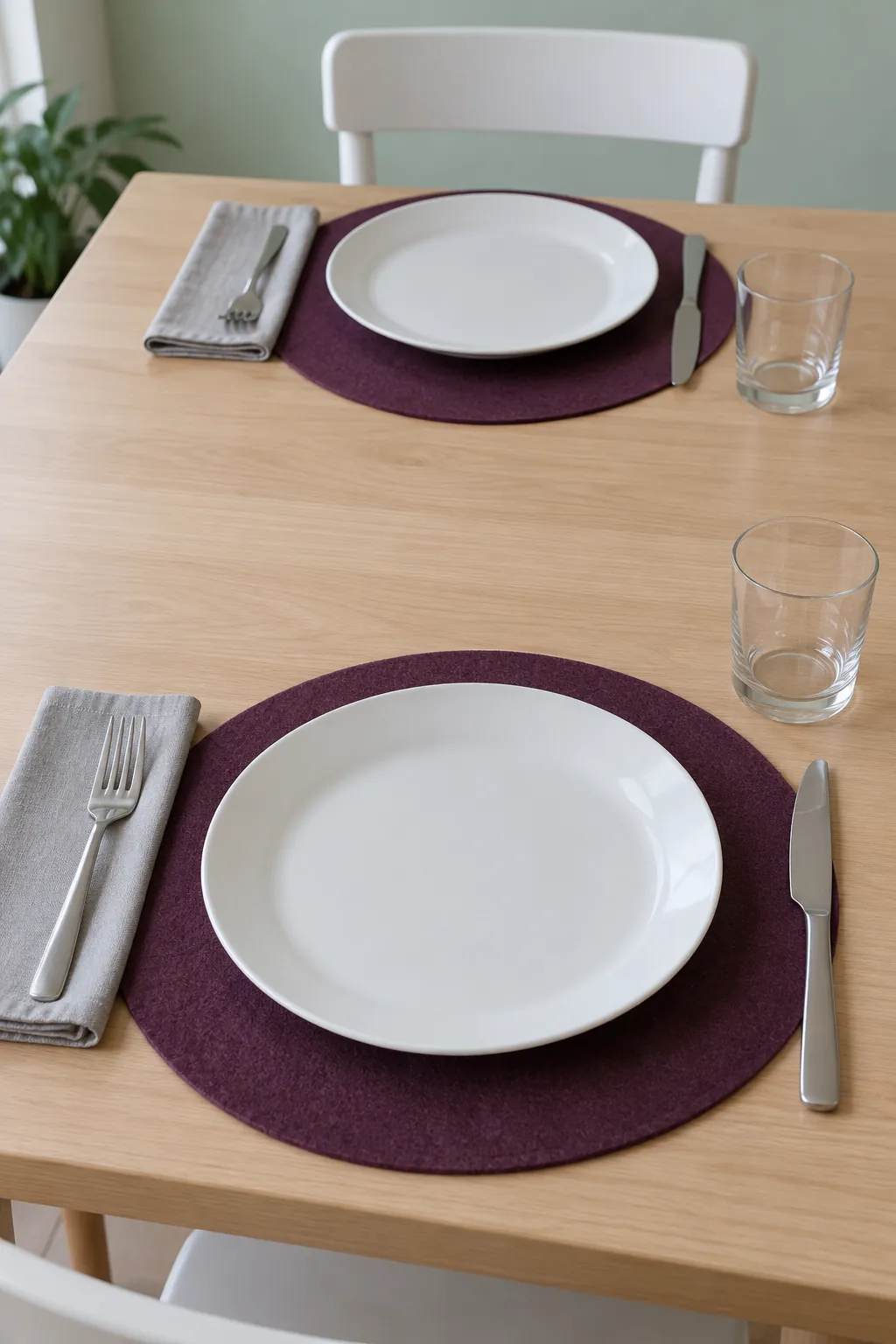 Plum mats with silver cutlery with everyday white dishes