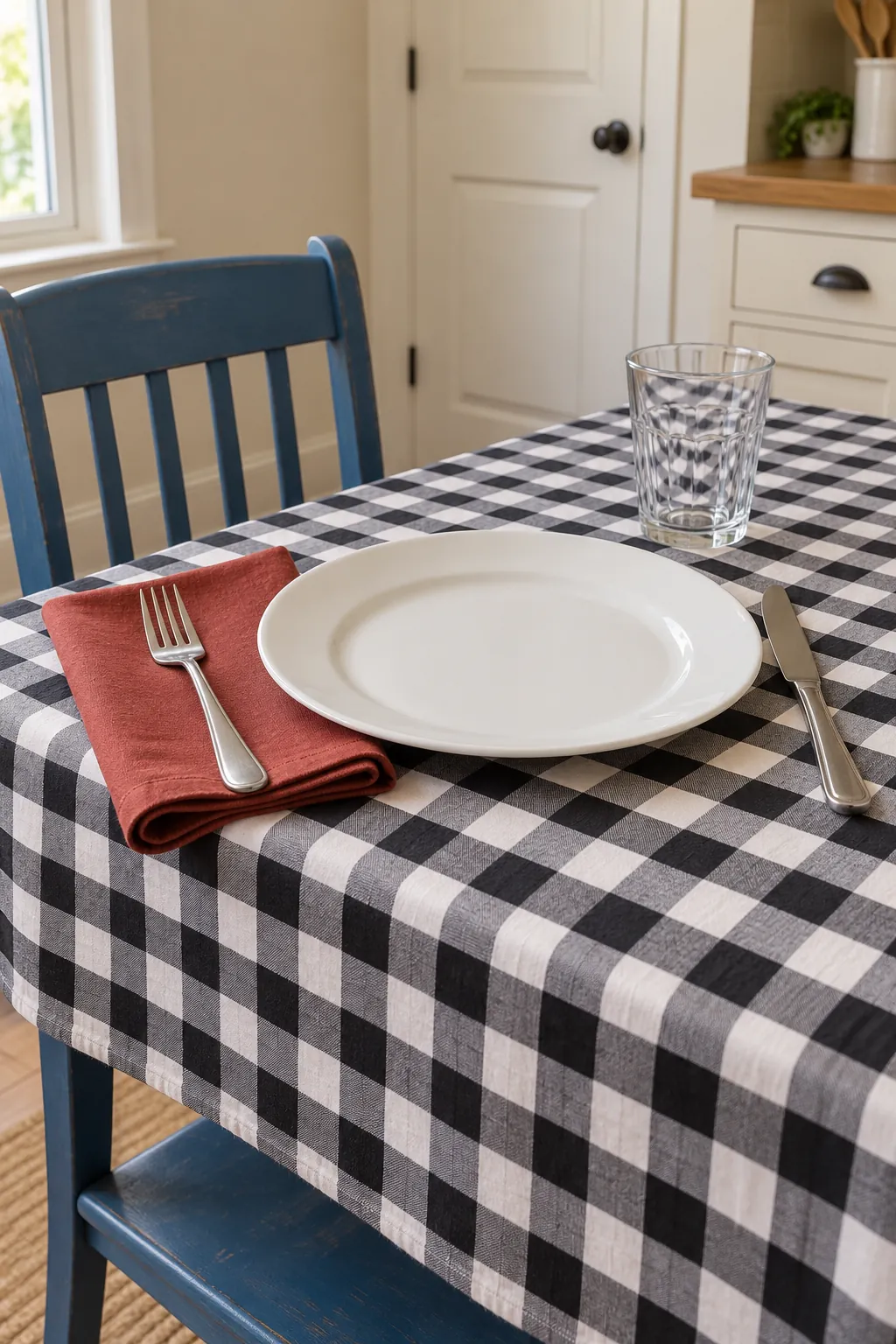 Black and white gingham as the base with everyday white dishes