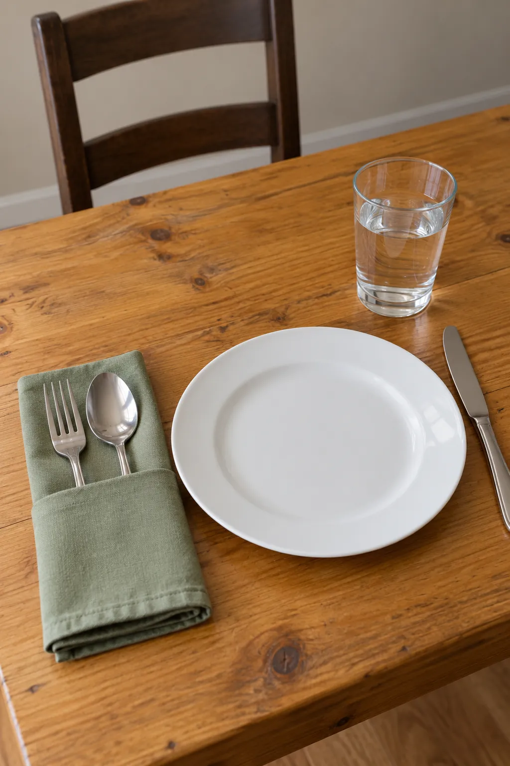 A napkin pocket for the utensils with everyday white dishes