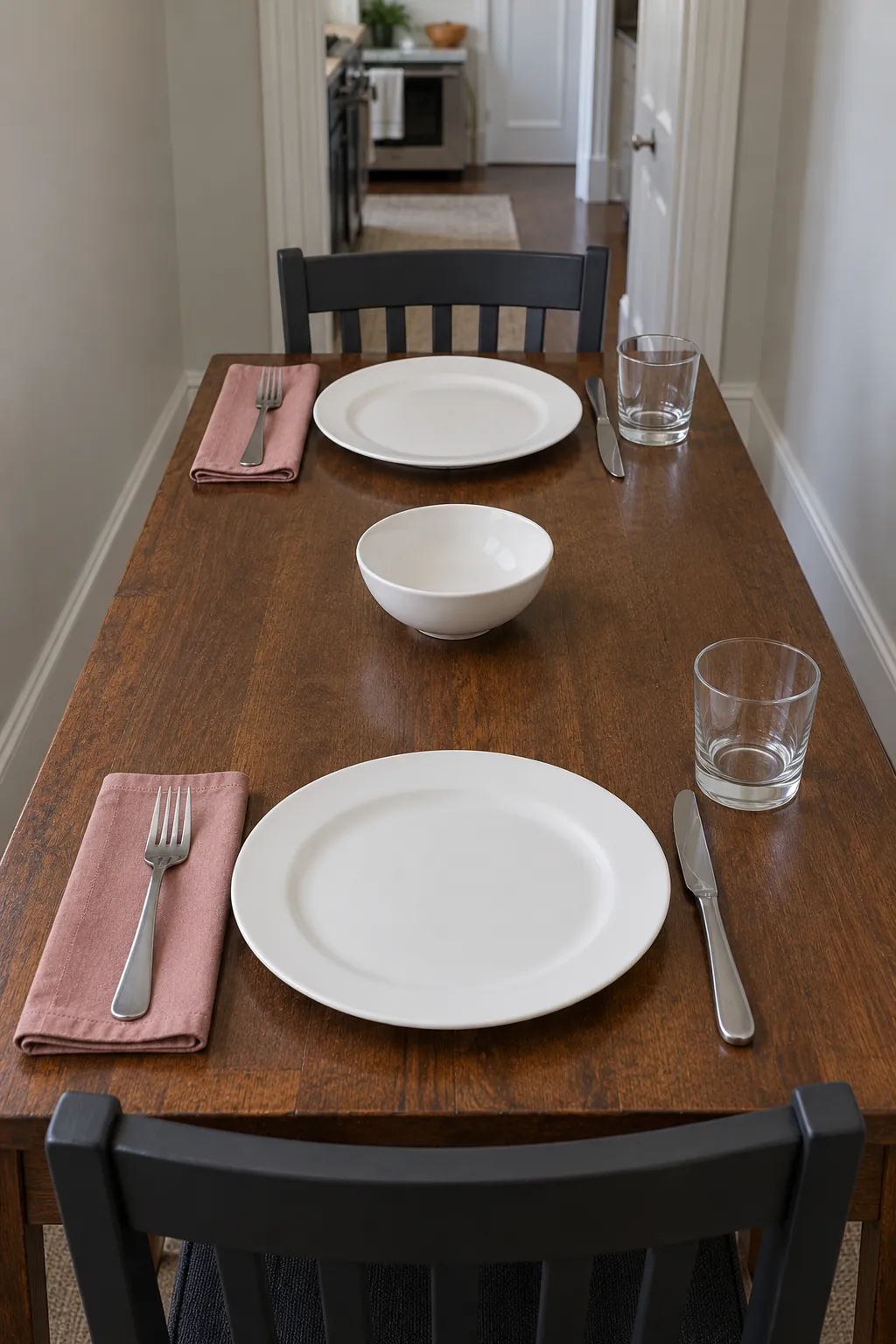 A side napkin for a narrow table with everyday white dishes