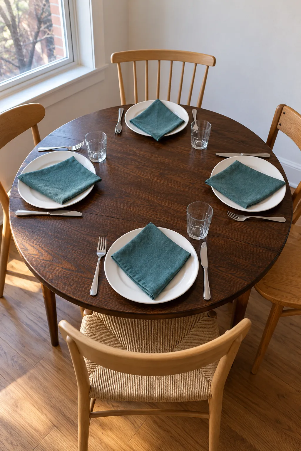 Napkin corners on a round table with everyday white dishes
