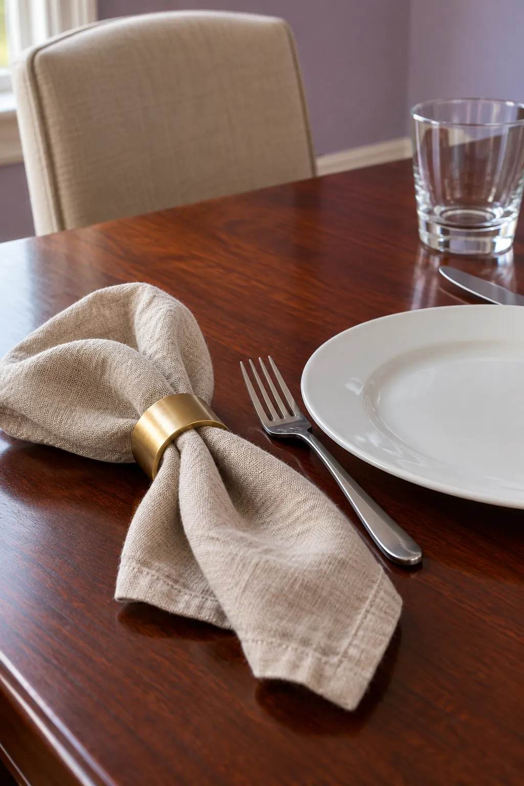 Brass rings with unbleached linen with everyday white dishes