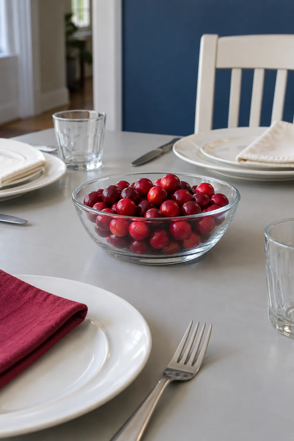 A cranberry bowl between the seats with everyday white dishes