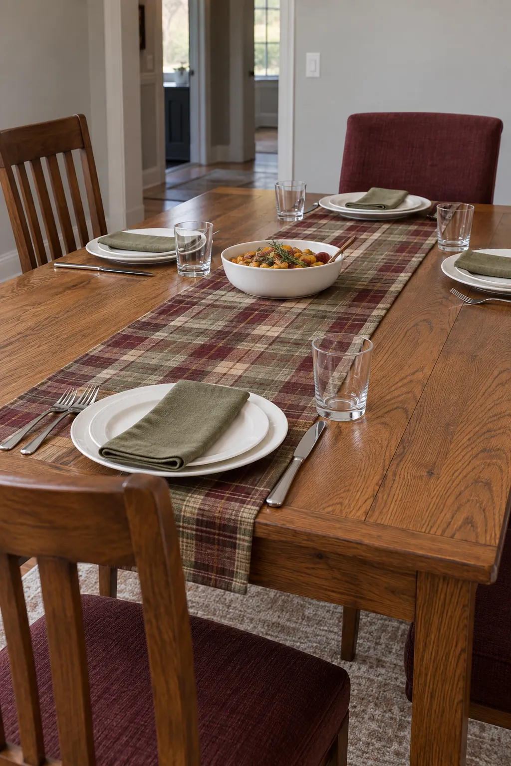 A plaid runner with plain place settings with everyday white dishes
