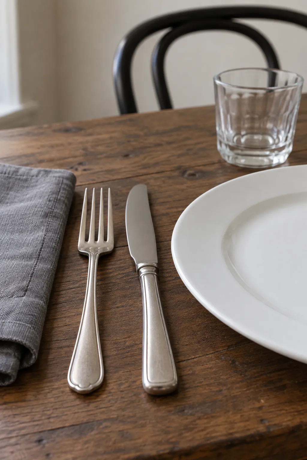 Collected pewter colored cutlery with everyday white dishes