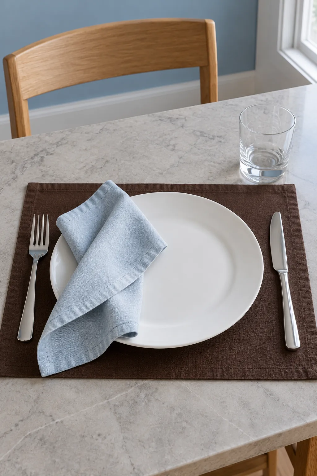 Chocolate mats with pale blue napkins with everyday white dishes