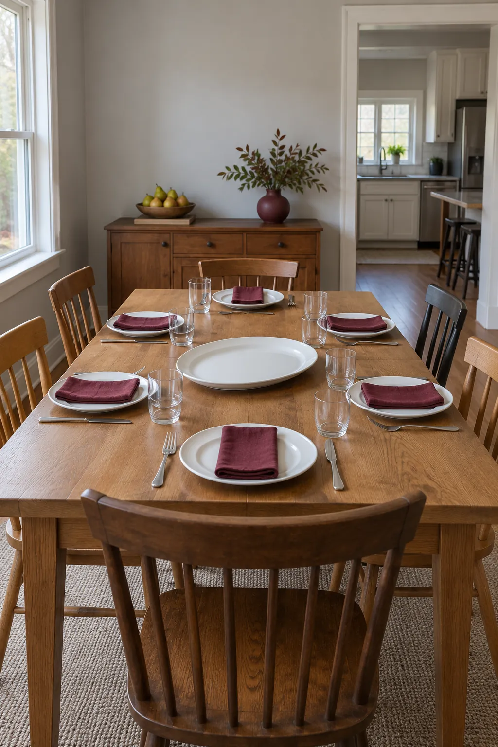 An open center with decor on the sideboard with everyday white dishes