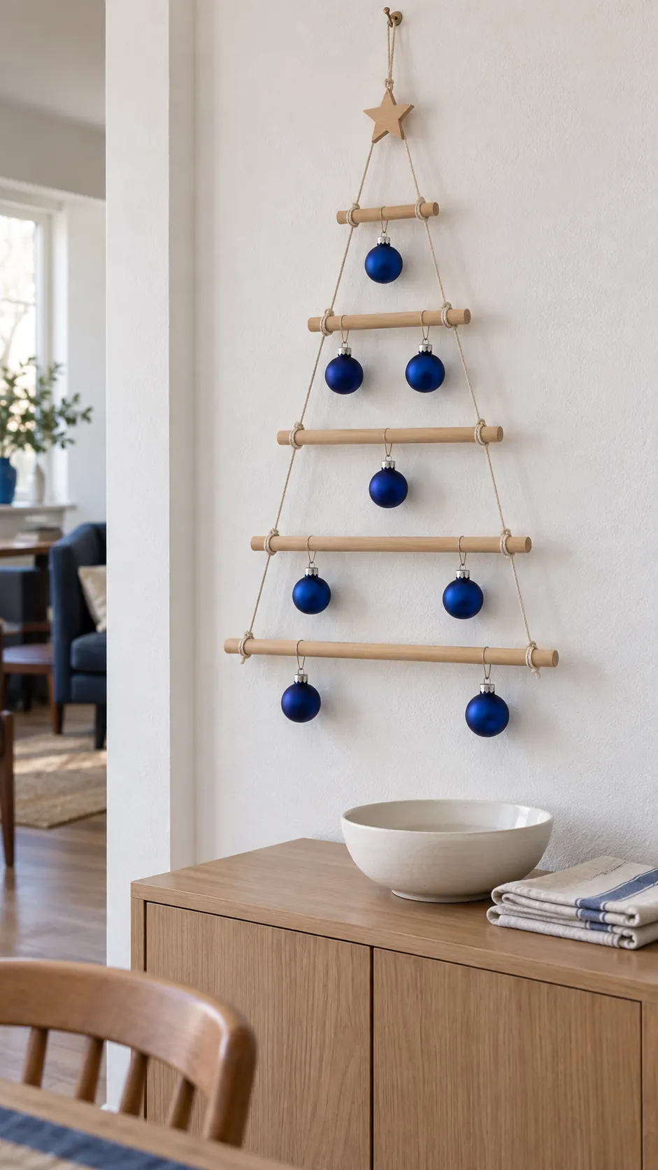 Build a dowel and ornament silhouette as a compact Christmas display in an apartment