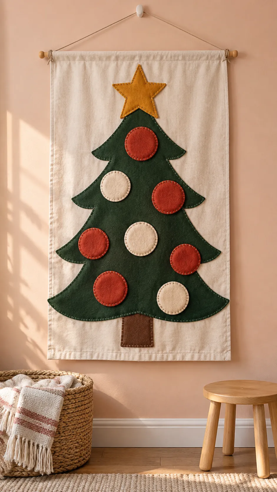 Hang a felt tree on a fabric backing as a compact Christmas display in an apartment