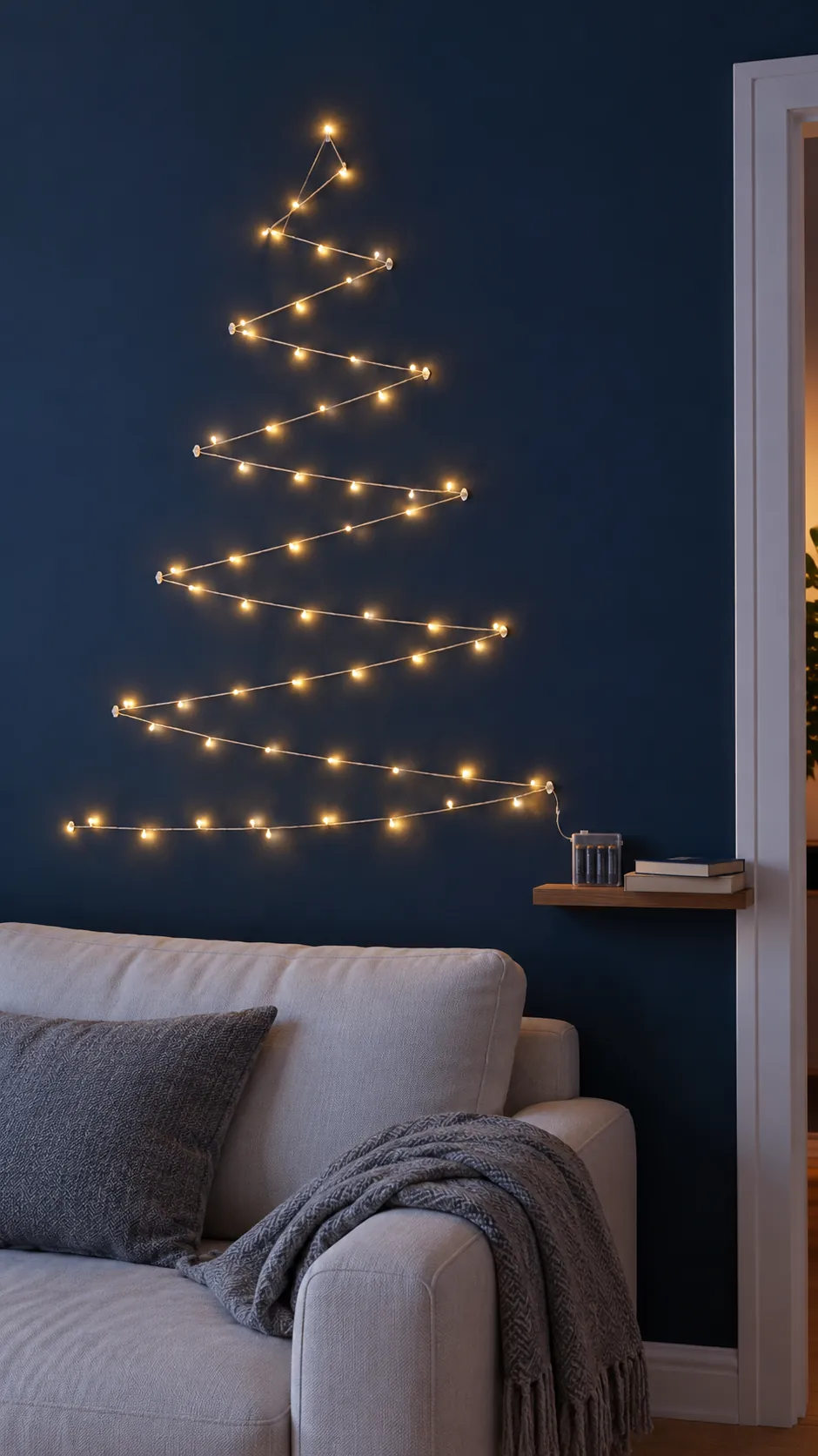 Trace a tree with an LED light strand as a compact Christmas display in an apartment