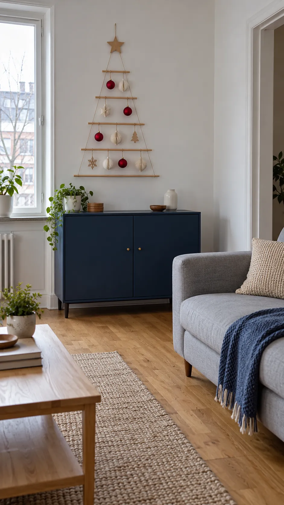Apartment living room with a wooden wall tree and clear floor space