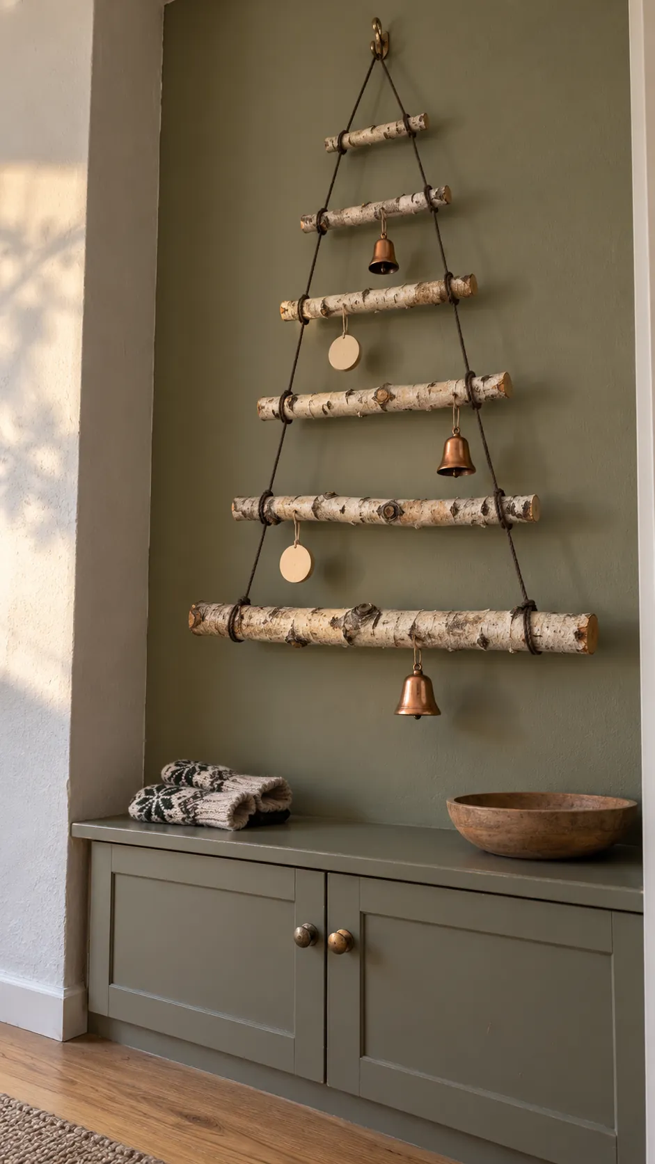 Tie a ladder from found branches as a compact Christmas display in an apartment