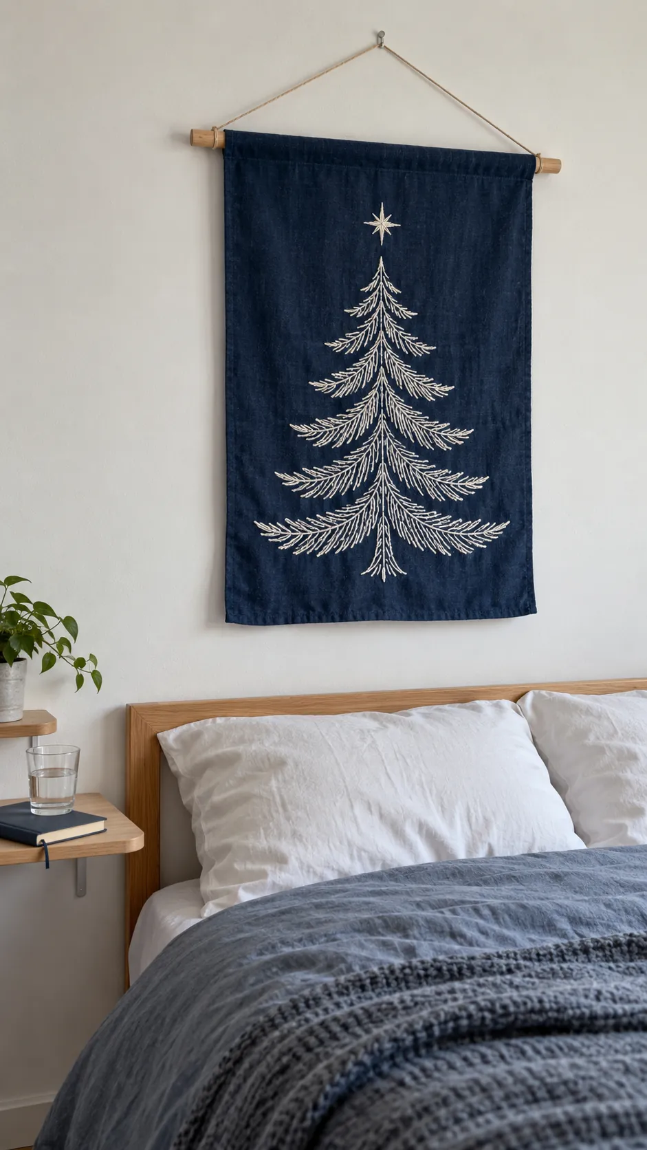 Swap a wall print for a tree banner as a compact Christmas display in an apartment