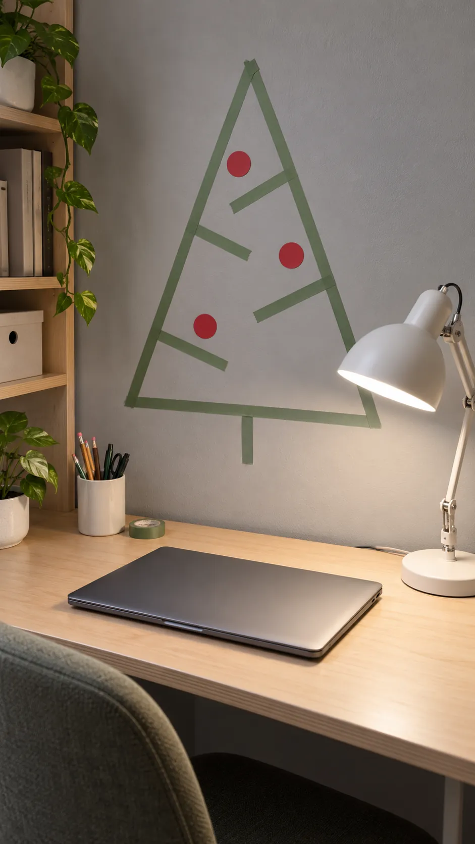 Draw a temporary tree with decorative tape as a compact Christmas display in an apartment