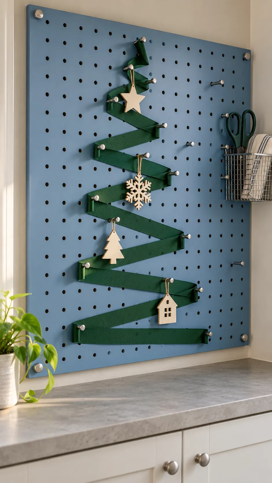 Turn an existing pegboard into a holiday display as a compact Christmas display in an apartment