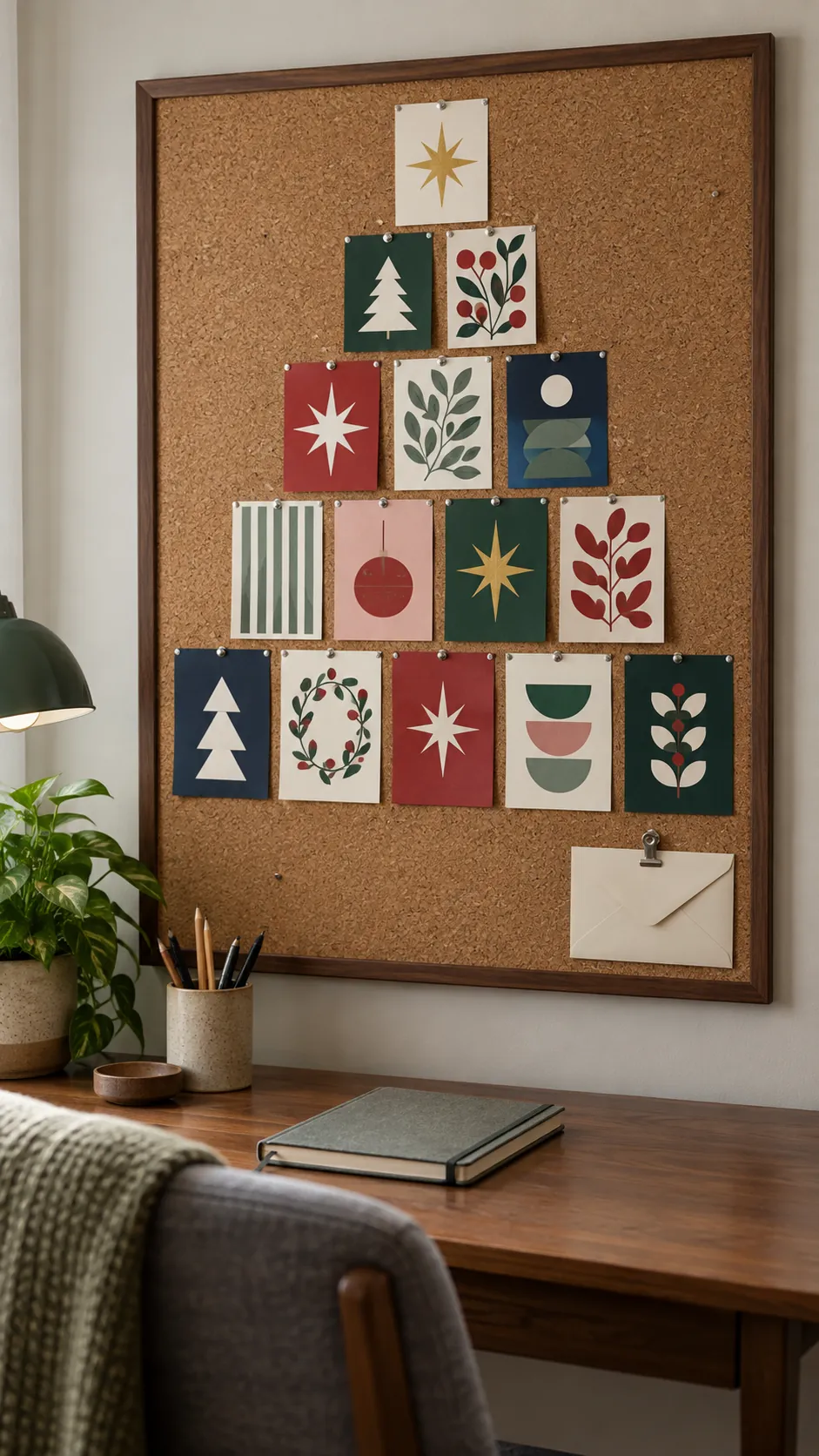 Arrange greeting cards into a tree on a pinboard as a compact Christmas display in an apartment
