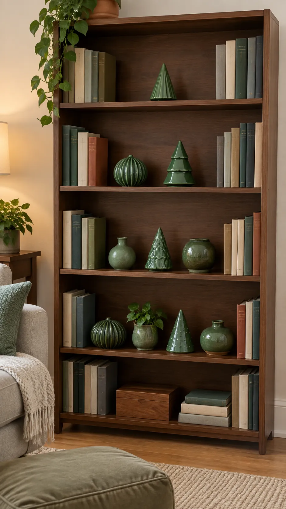 Use bookshelf compartments as a tree grid as a compact Christmas display in an apartment