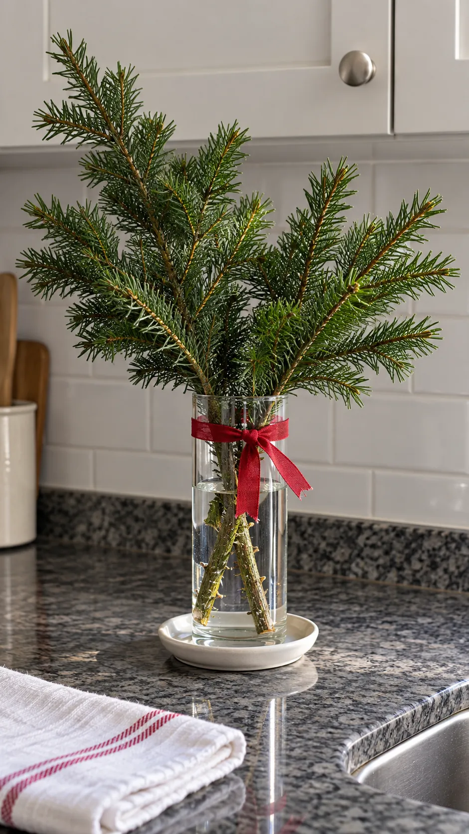 Put a few evergreen stems in a stable vase as a compact Christmas display in an apartment