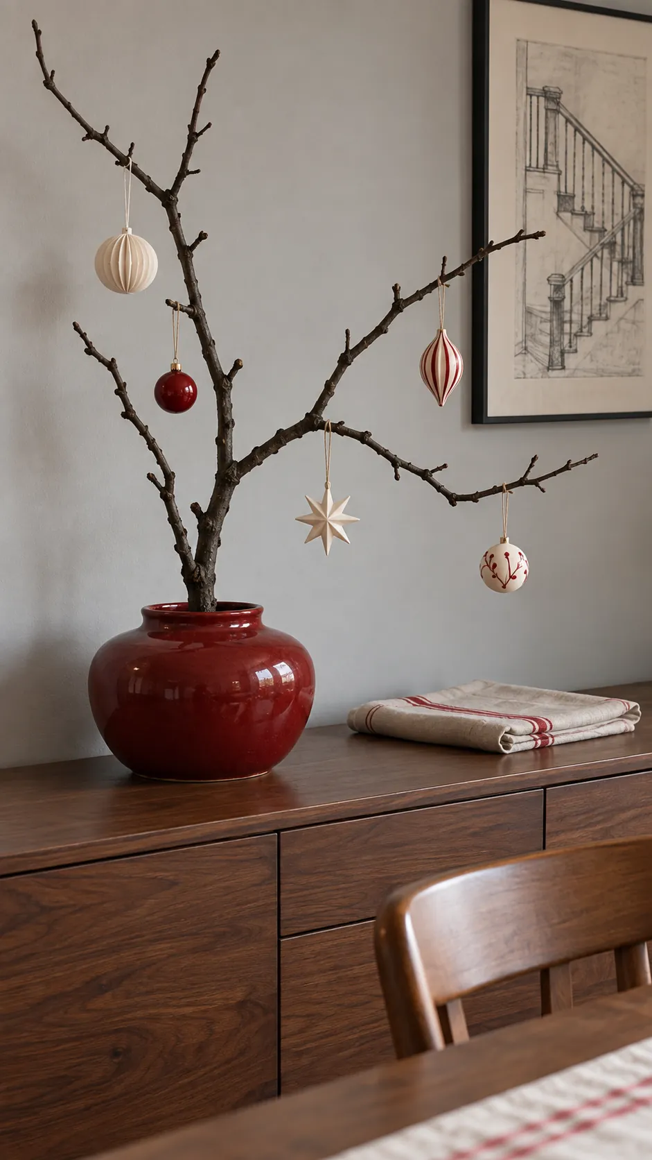 Decorate a sculptural bare branch as a compact Christmas display in an apartment