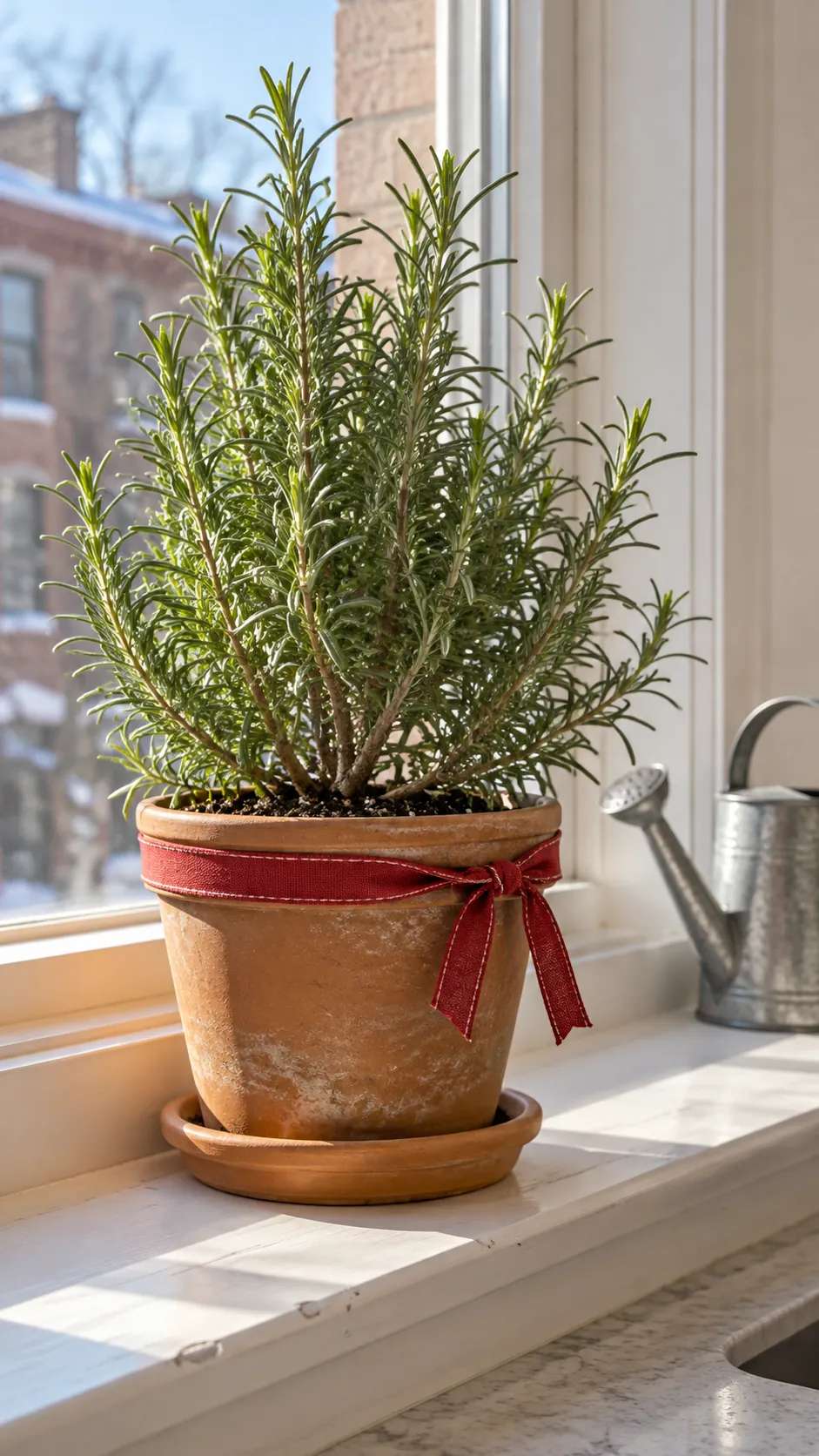 Dress a rosemary plant with a small ribbon as a compact Christmas display in an apartment