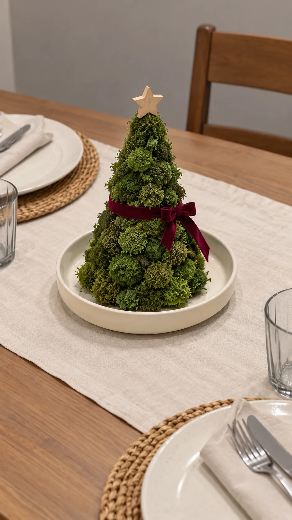Make a moss covered cone your centrepiece as a compact Christmas display in an apartment