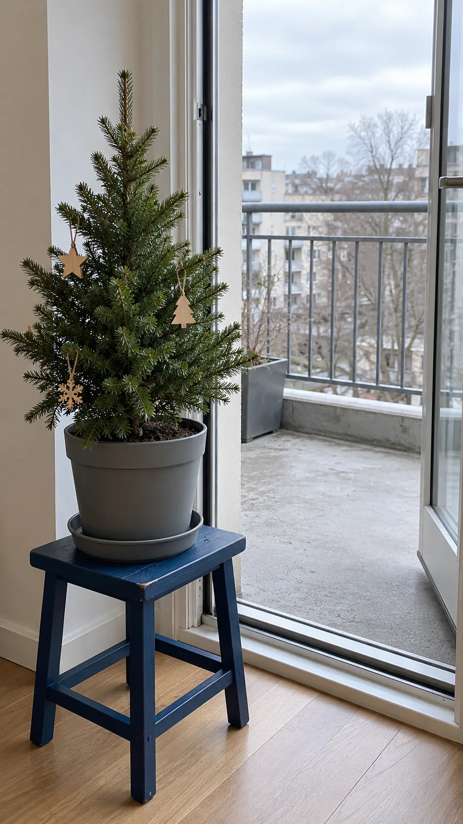 Celebrate with a small potted conifer as a compact Christmas display in an apartment