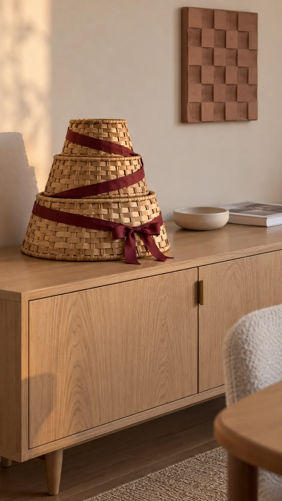 Stack nested baskets into a small tree shape as a compact Christmas display in an apartment