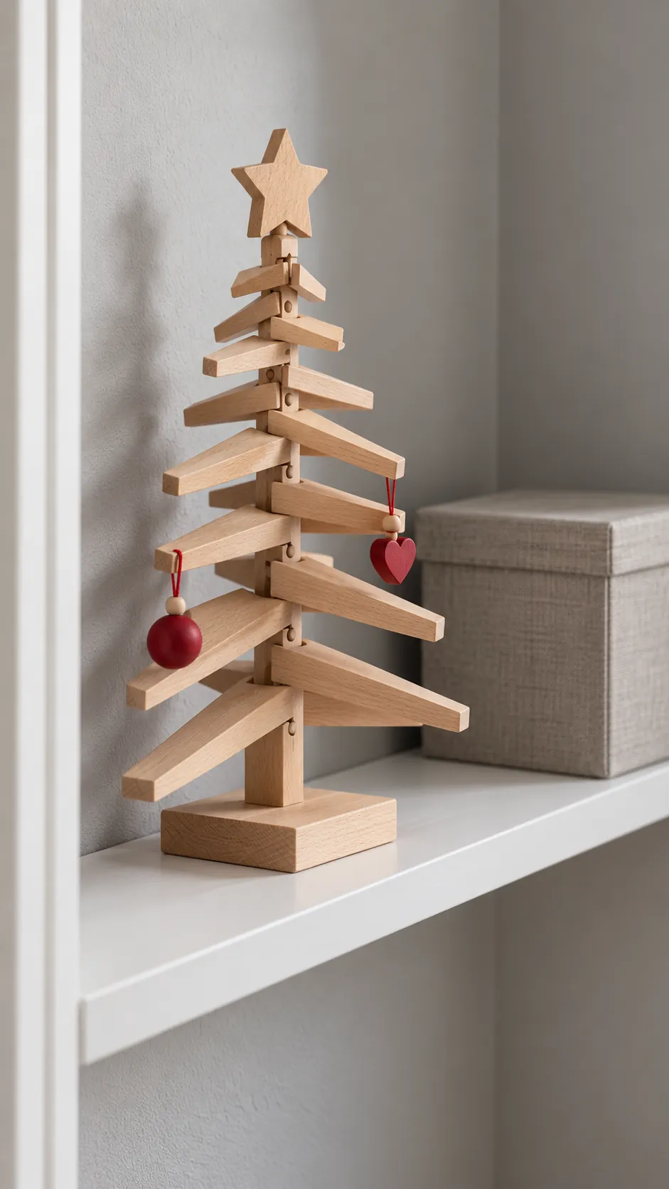 Choose a folding wooden tabletop tree as a compact Christmas display in an apartment