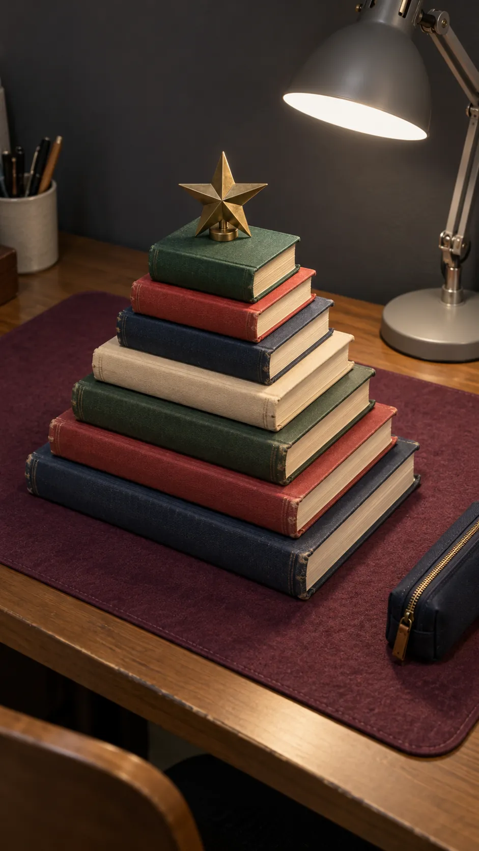 Build a low book stack tree on your desk as a compact Christmas display in an apartment