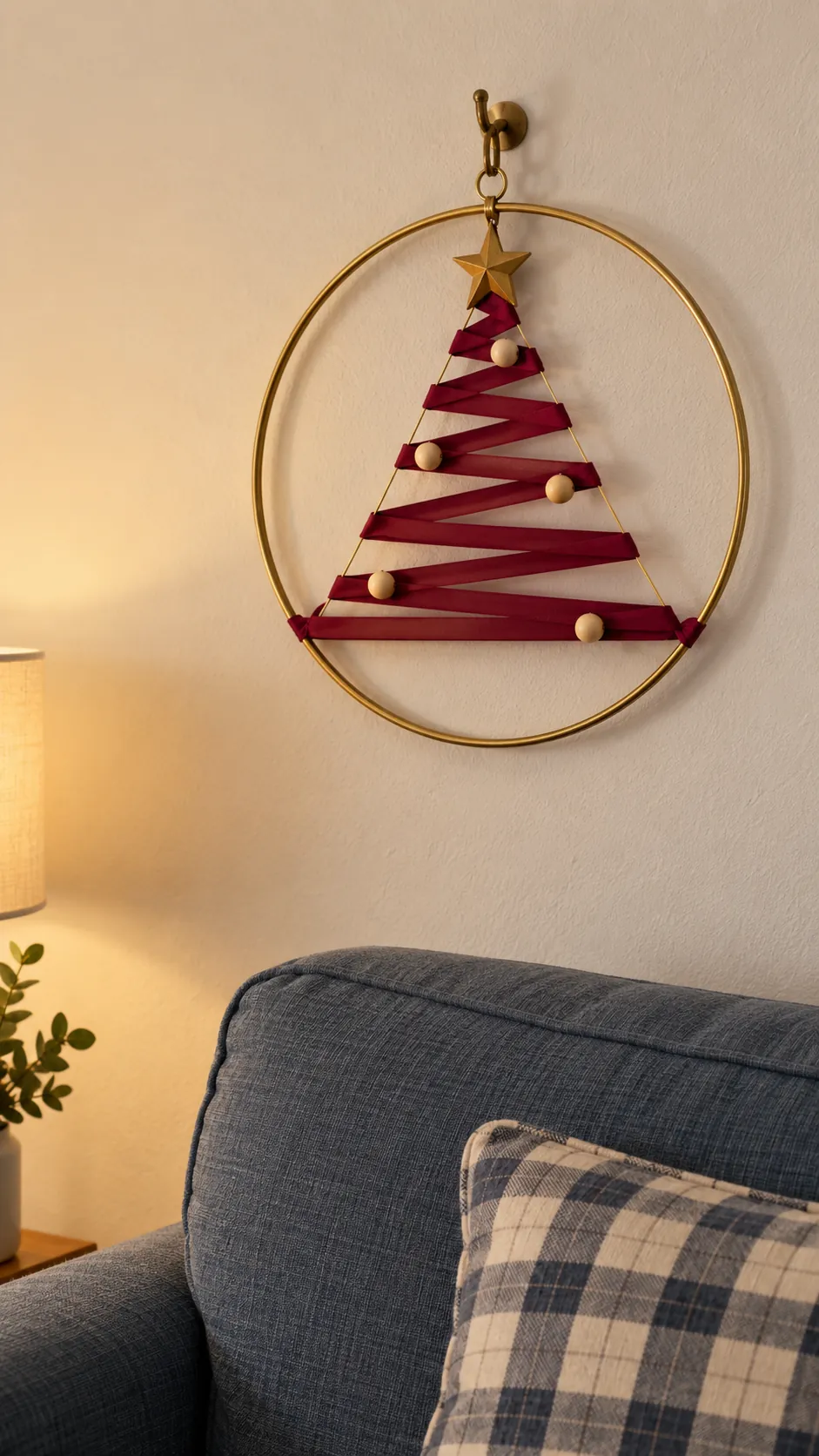 Hang a tree shape inside a decorative hoop as a compact Christmas display in an apartment
