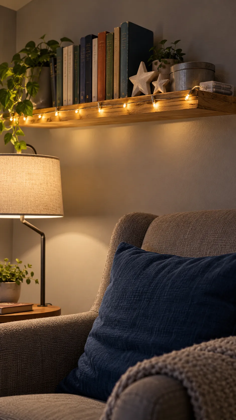 Give a shelf edge a line of light as a compact Christmas display in an apartment