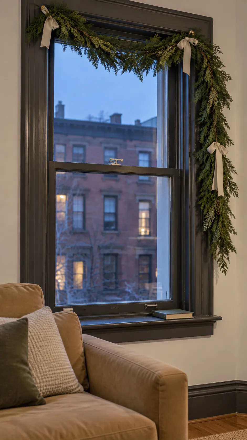 Frame the window with a restrained garland as a compact Christmas display in an apartment