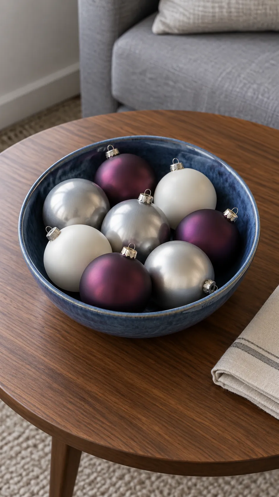 Gather ornaments in a shallow bowl as a compact Christmas display in an apartment