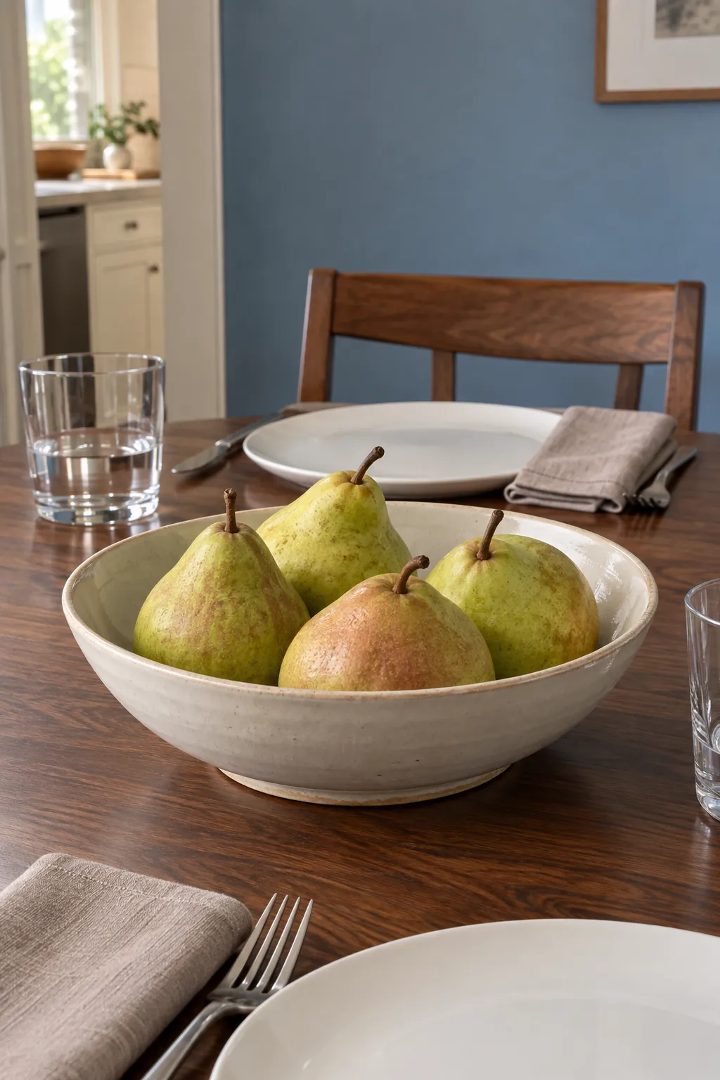 A shallow bowl of whole pears as a Thanksgiving centerpiece without candles