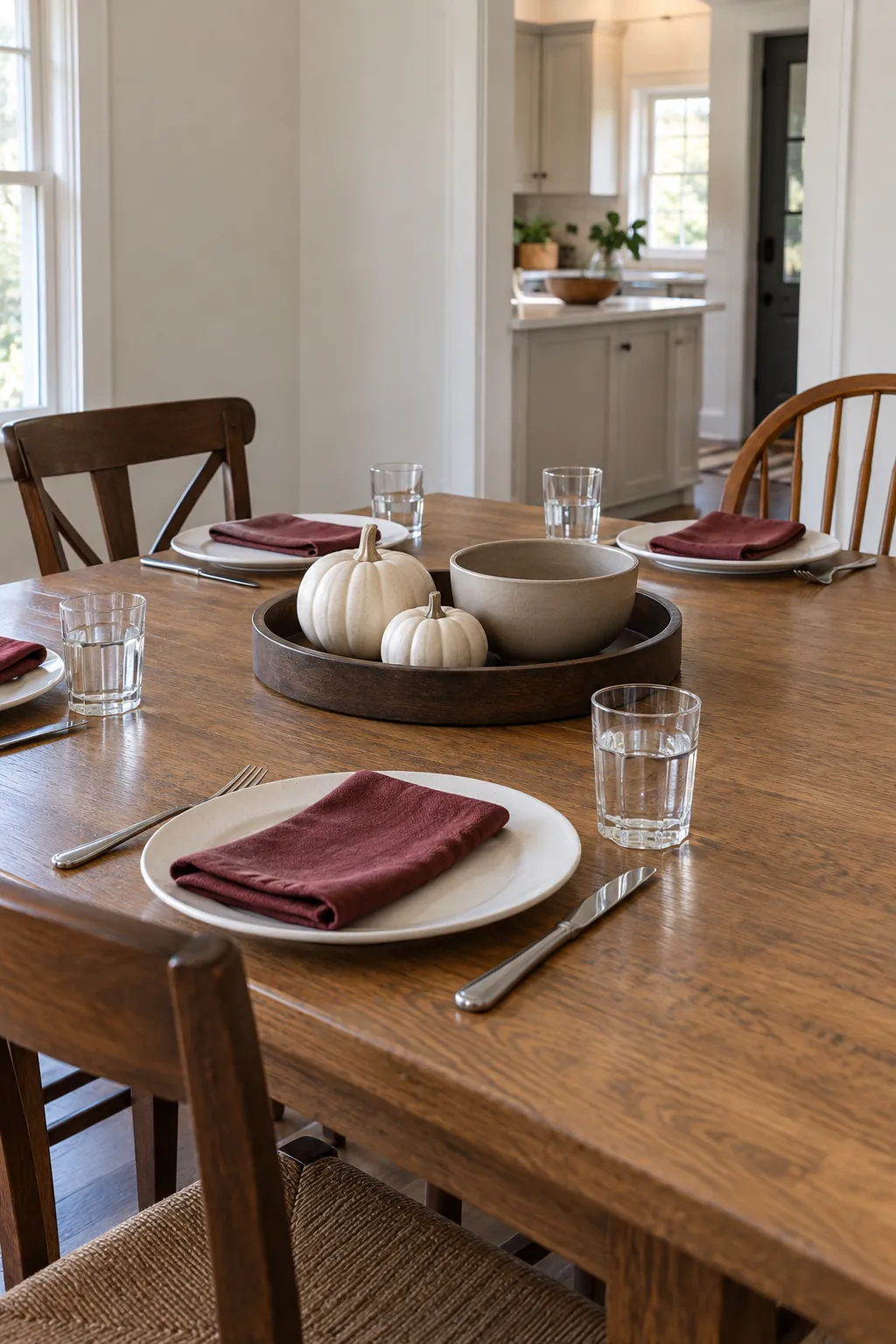 Low Thanksgiving centerpiece with ceramic shapes and clear space for dinner