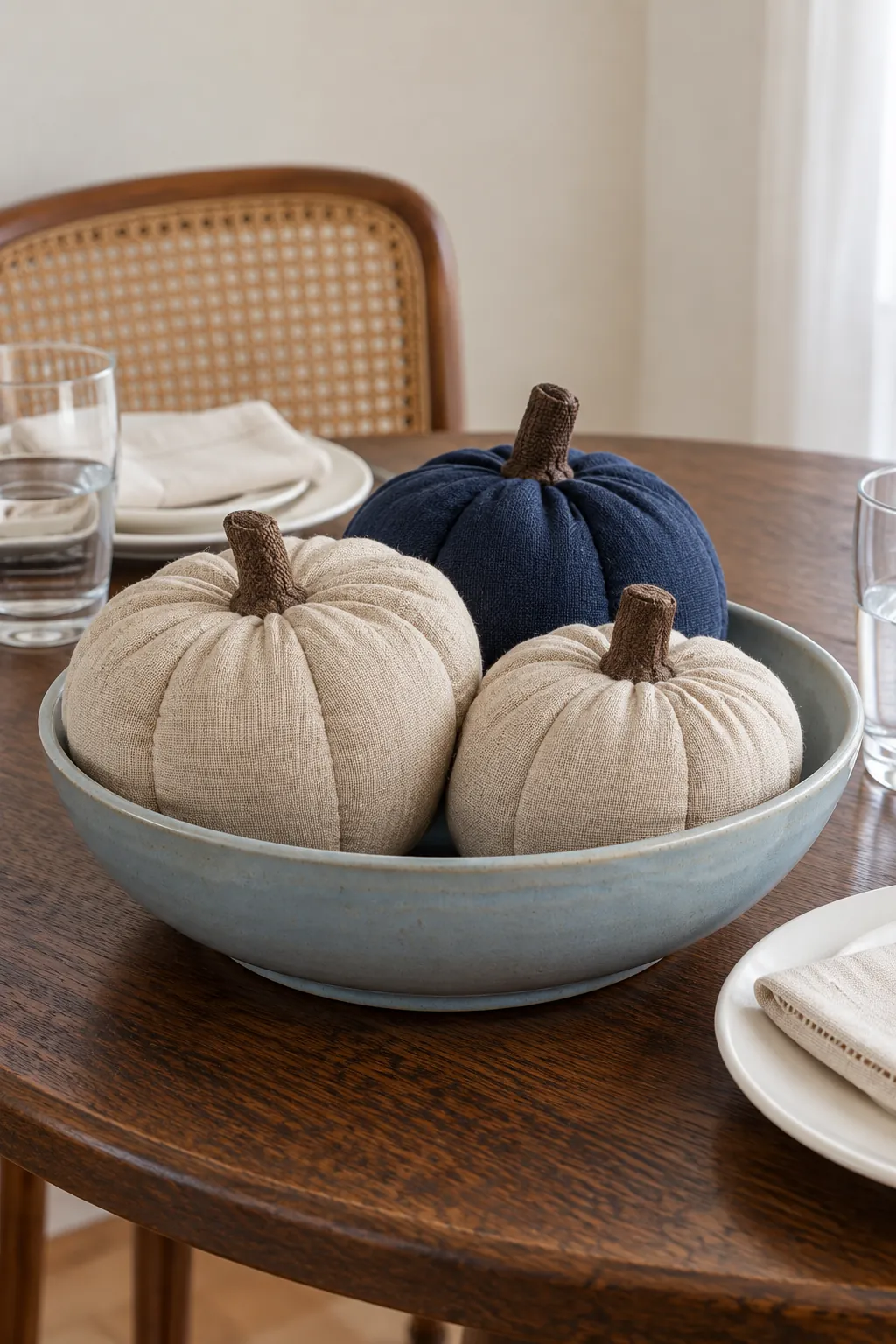 Soft fabric pumpkins in a bowl as a Thanksgiving centerpiece without candles