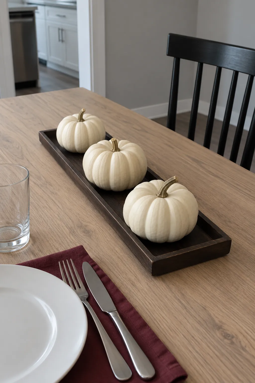 White pumpkins on a narrow tray as a Thanksgiving centerpiece without candles
