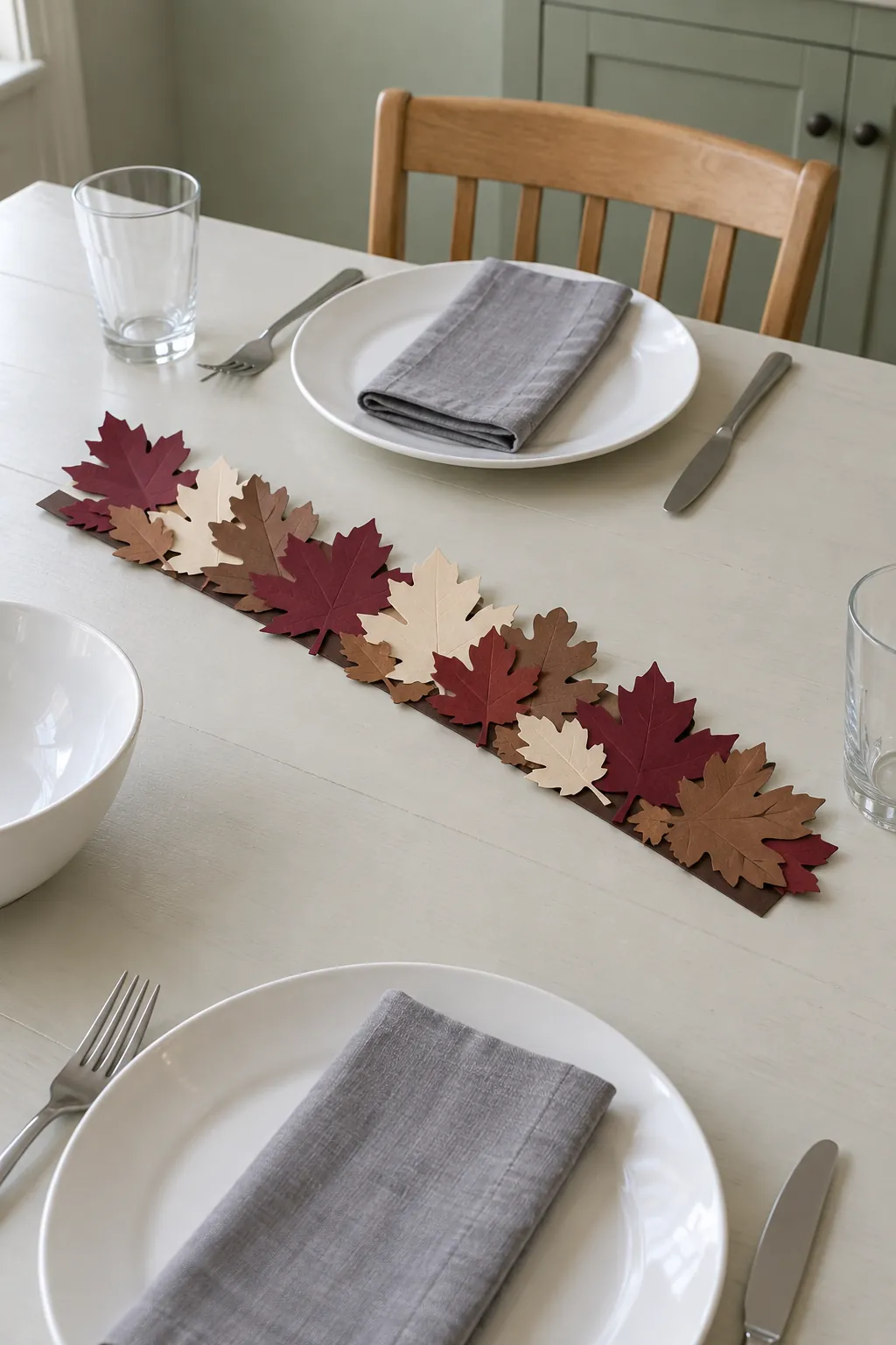 A flat trail of paper leaves as a Thanksgiving centerpiece without candles