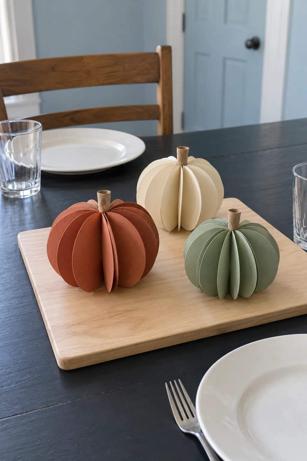 Folded paper pumpkins as a Thanksgiving centerpiece without candles