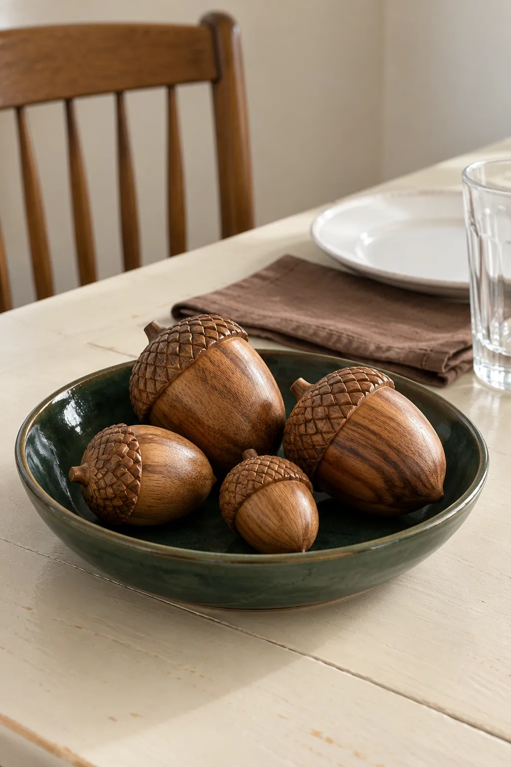 Wooden acorns in a dark dish as a Thanksgiving centerpiece without candles