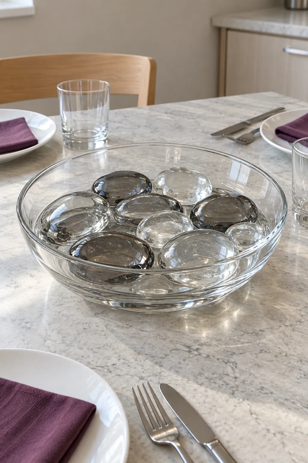 Smooth glass pebbles in a shallow bowl as a Thanksgiving centerpiece without candles