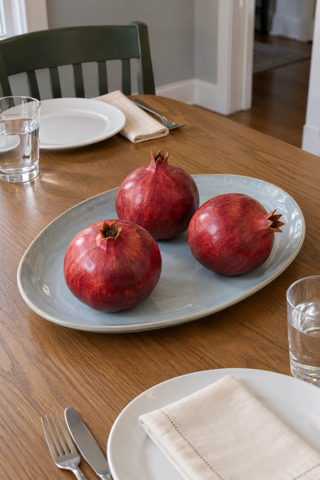 Whole pomegranates on a pale platter as a Thanksgiving centerpiece without candles