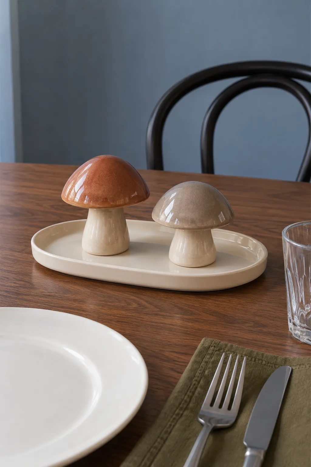 A pair of ceramic mushrooms as a Thanksgiving centerpiece without candles