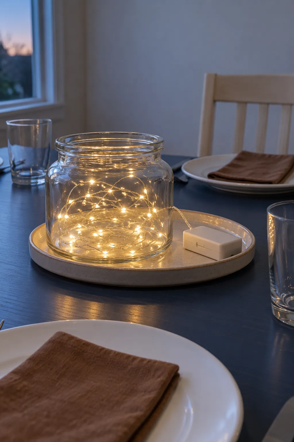 A jar of plain battery lights as a Thanksgiving centerpiece without candles